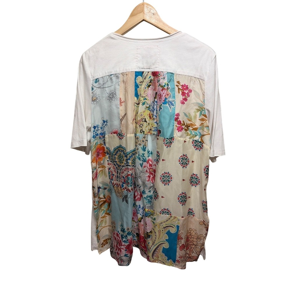 Johnny Was Los Angeles White Floral Patchwork Back Top Sz L Oversized Boho Coast
